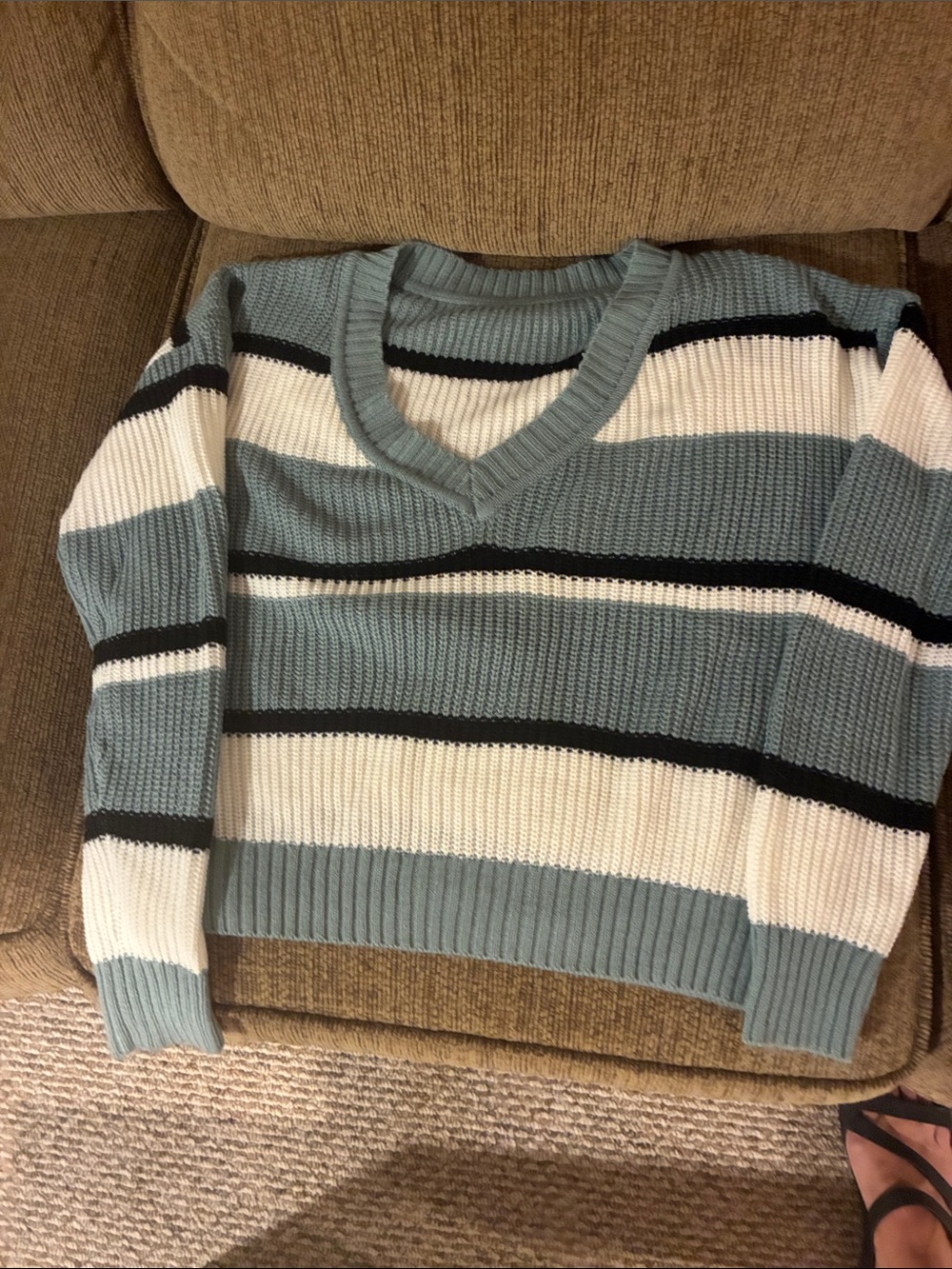 Womens V-Neck Striped Sweater in Light Blue and White